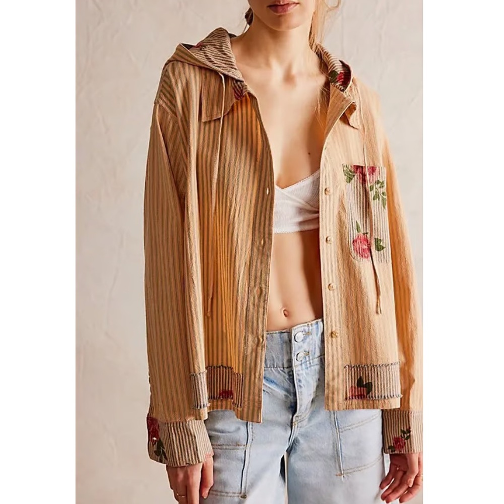 Free People We The Free About to Slide Hoodie Shirt - Floral Striped